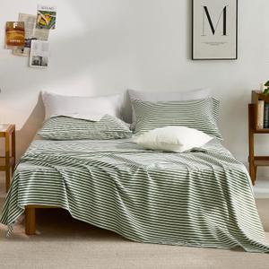 JELLYMONI 100% Cotton Striped Sheets Set, Green and White Stripes, Queen Size with Deep Pocket Fitted Sheet, Flat Sheet & Pillowcases