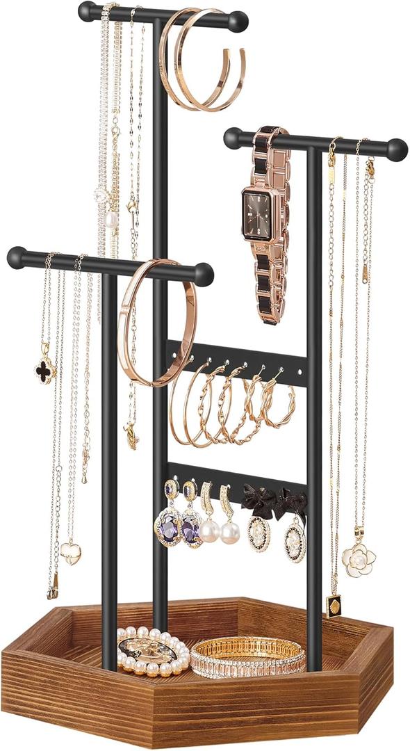 SONGMICS Jewelry Holder, Jewelry Organizer, 3 Tiers and 1 Tray, Jewelry Display Stand with Metal Frame, Necklace Earring Bracelet Holder, for Rings, Ink Black and Caramel Brown UJJS03CB