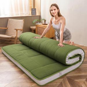 MAXYOYO Futon Mattress, Padded Japanese Floor Mattress Quilted Mattress Topper, Extra Thick Folding Sleeping Pad Breathable Floor Lounger Guest Couch for Camping, Green, Queen
