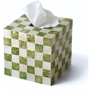 5.7" Square Tissue Box Cover, Handmade Checkered Cube Tissue Box Cover with Capiz Shells, Decorative Tissue Holder for Living Room, Bathroom, Bedroom or Office (Pistachio Green)