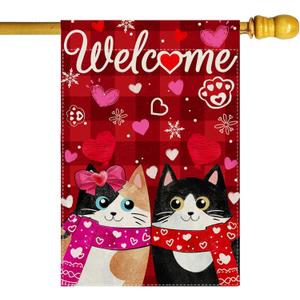Welcome Valentines Day Romantic Love Heart Couple Cats Paw House Flag large 28X40 Inch Big Vertical Double Sided Yard Outdoor Outside Holiday Decoration
