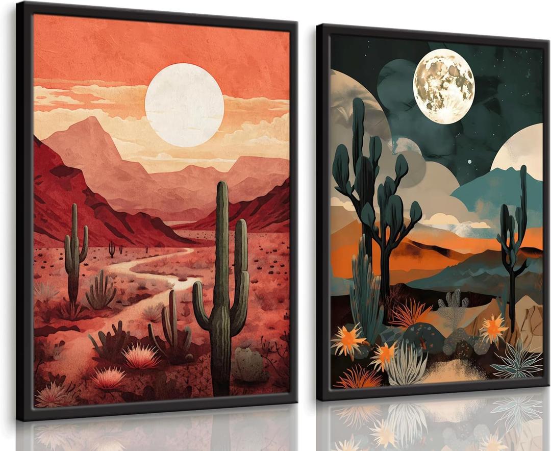 2 Pcs Sun Moon Desert Landscape Wall Art Day Night Western Wall Decor Southwest Boho Cactus Canvas Prints Nature Wilderness Paintings Mid Century Modern Mountain Poster Pictures For Living Room Unframed