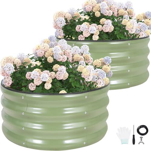 G GOOD GAIN Round Raised Garden Bed - 2Pcs 2x2x1ft Galvanized Steel Planter Boxes Outdoor with Rubber Edge Trim | Metal Raised Beds for Gardening Vegetables Flowers Fruits Herbs (Olive Green)