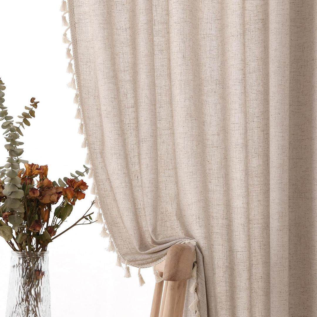 Oatmeal Beige Linen Textured Short Curtains 63 Inches Long 2 Panels Boho Farmhouse Semi Sheer Curtain Tassels Back Tab Neutral Light Filtering Chic Bohemian Drapes for Living Room Bedroom 52x63