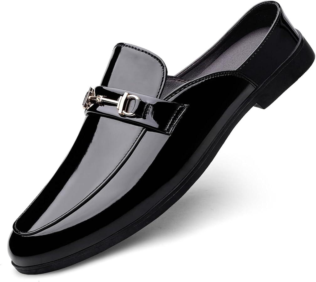 Men's Patent Leather Slip-On Dress Mules Slippers Fashion Printing Comfort Round Toe Low Heel Open Backless Casual Clogs Loafers with Metal Buckle Decoration, Size 46