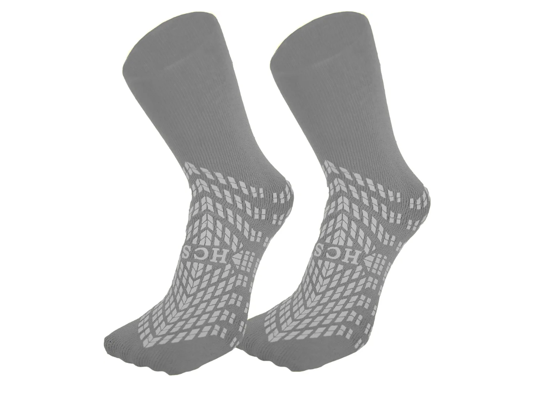 HCS Hospital Socks with Grips for Women & Men (6 Pairs) - 360 Hospital Grip Socks for Women, Men, Elderly, Seniors - Non Slip Sock, All-Around Tread - Fall Risk Patient Slippers (Gray, Regular