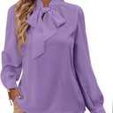 Rooscier Women's Bow Tie Neck Long Sleeve Buttton Cuff Chiffon Elegant Business Dressy Casual Blouse Shirt (Large, Purple)