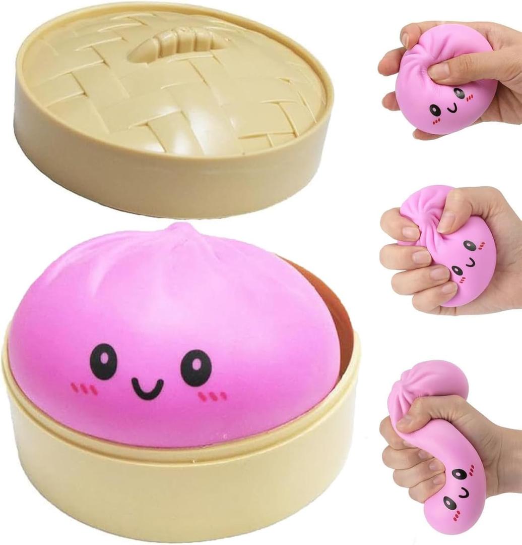 Dumpling Squishy, Glitter Dumpling Mystery Box, Colorful Dumplings Stress Balls Fidget Sensory , Stocking Stuffers with Food Steamer Stretchy Desk (Pink)