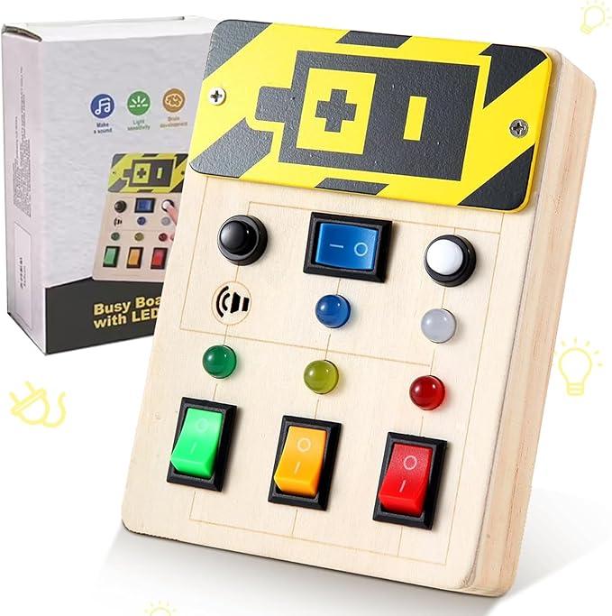 Montessori Toddler Busy Board, Baby Wooden Busy Board with 8 LED Light switches, Sensory Toys Light Switch Toys Travel Toys for 1+ Year Old Baby and Toddler