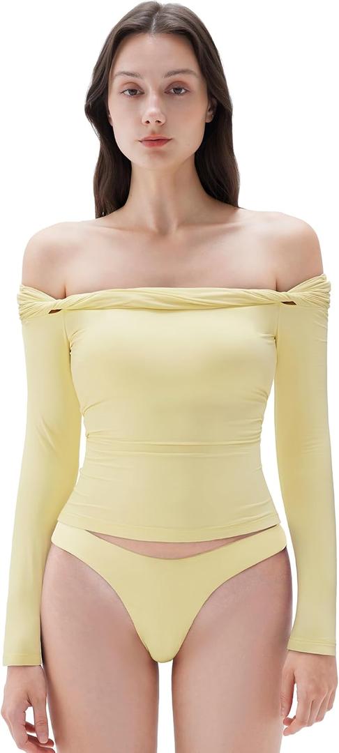SUUKSESS Women Padded Off The Shoulder Tops Double Lined Going Out Fitted Basic Fall Shirts (X-Small, Butter Yellow)