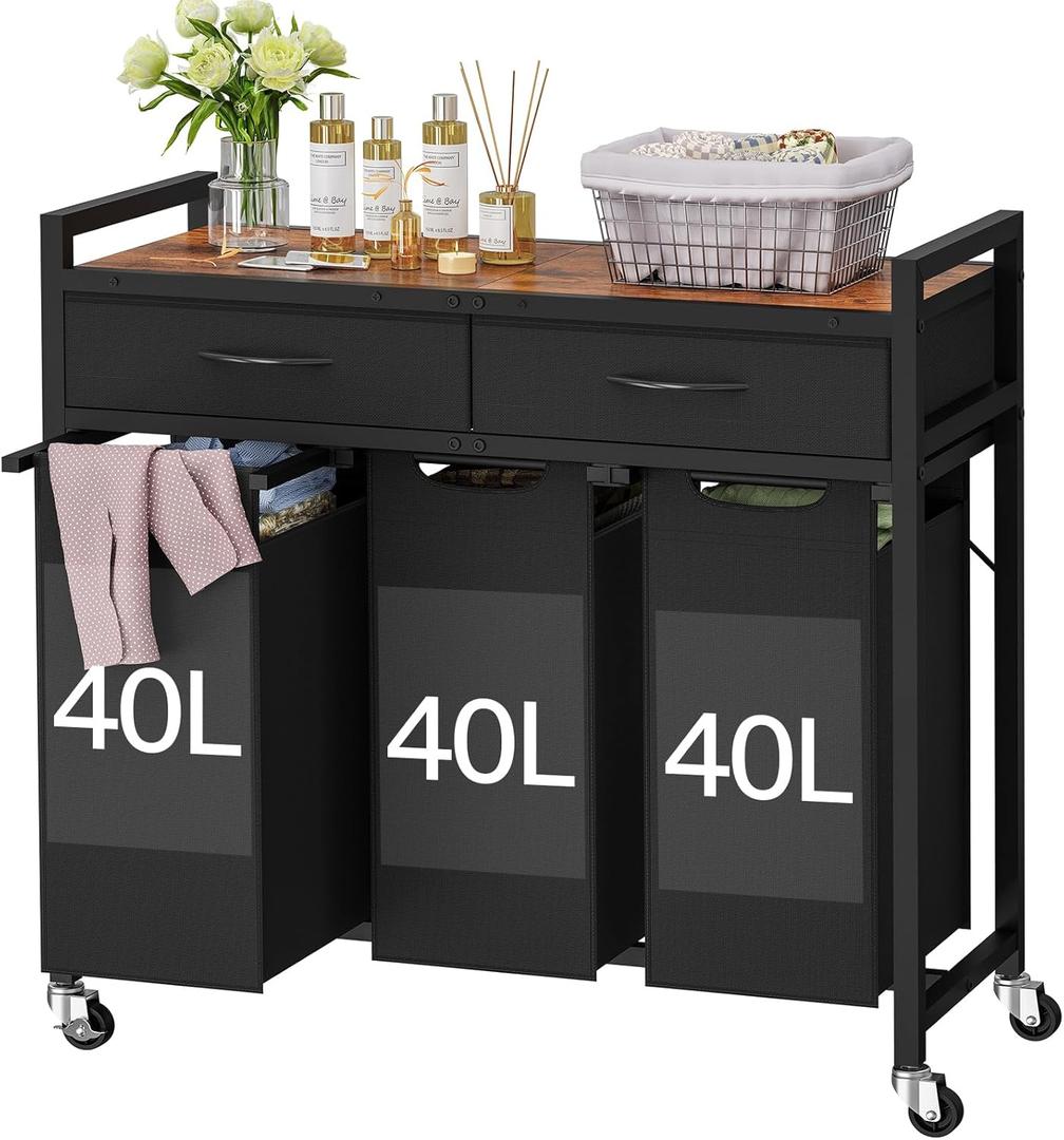 Laundry Sorter 3 Section, 120 L Laundry Hamper with 2 Drawers & 2-tone Top Panel, Rolling Laundry Basket Organizer with Pull-Out Removable Oxford Fabric Bags for Laundry Room Organization UNZYL006BVV3 (31.5"L x 12.6"W x 31.3"H) Black