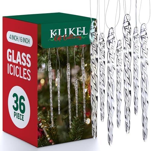 Klikel Glass Icicle Ornaments - Winter Decorations for Christmas Tree - Total 36 Hanging Ornaments - 18 4" and 18 6"