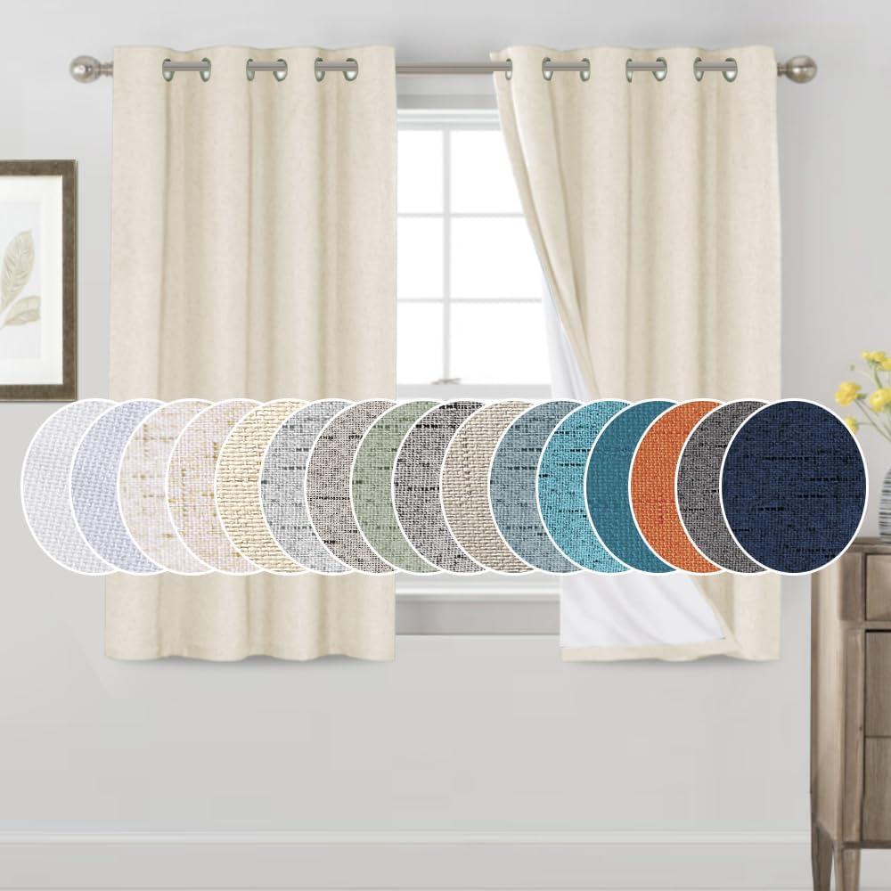 PrinceDeco Linen Black Out Curtains 54 Inches Long 100% Blackout Curtains for Bedroom Thermal Insulated with White Liner,Noise Reducing, 52" Wide Per Panel, Set of 2,Bleached Sand