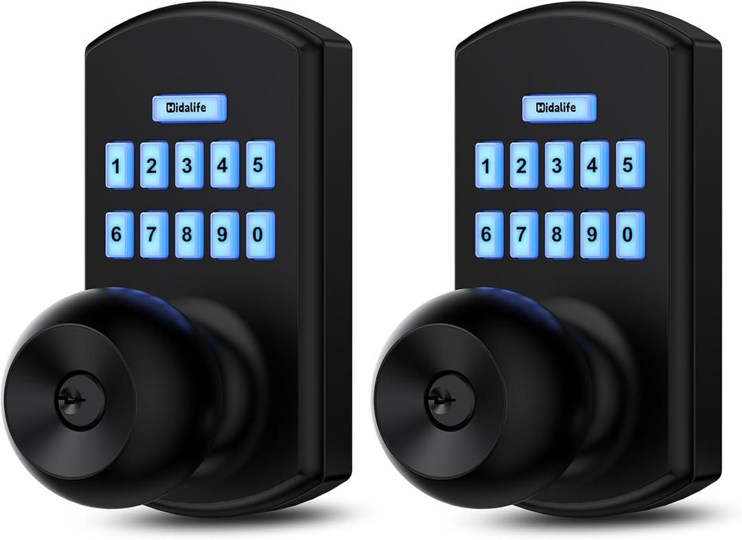 Hidalife Smart Door Knob with Keypad, Keyless Entry Door Lock for Front Door, Easy Passage Mode, One-time Code, Matte Black 2 Pack