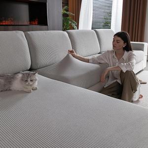 Sectional Couch Covers, Wear Resistant Stretch Sofa Covers Washable Soft Couch Cushion Covers Anti Slip Furniture Protector Sofa Slipcovers for Pets(4 Pieces 3 Seaters+1 Chaise, Light Gray)