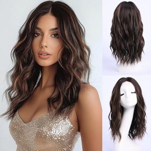 Dark Brown Wig with Highlight Medium Length Wigs for Women Middle Part Synthetic Hair Wigs Mixed Wavy Highlights Natural Hair for Daily Party Halloween Colourful Wig Highlighted16 inch