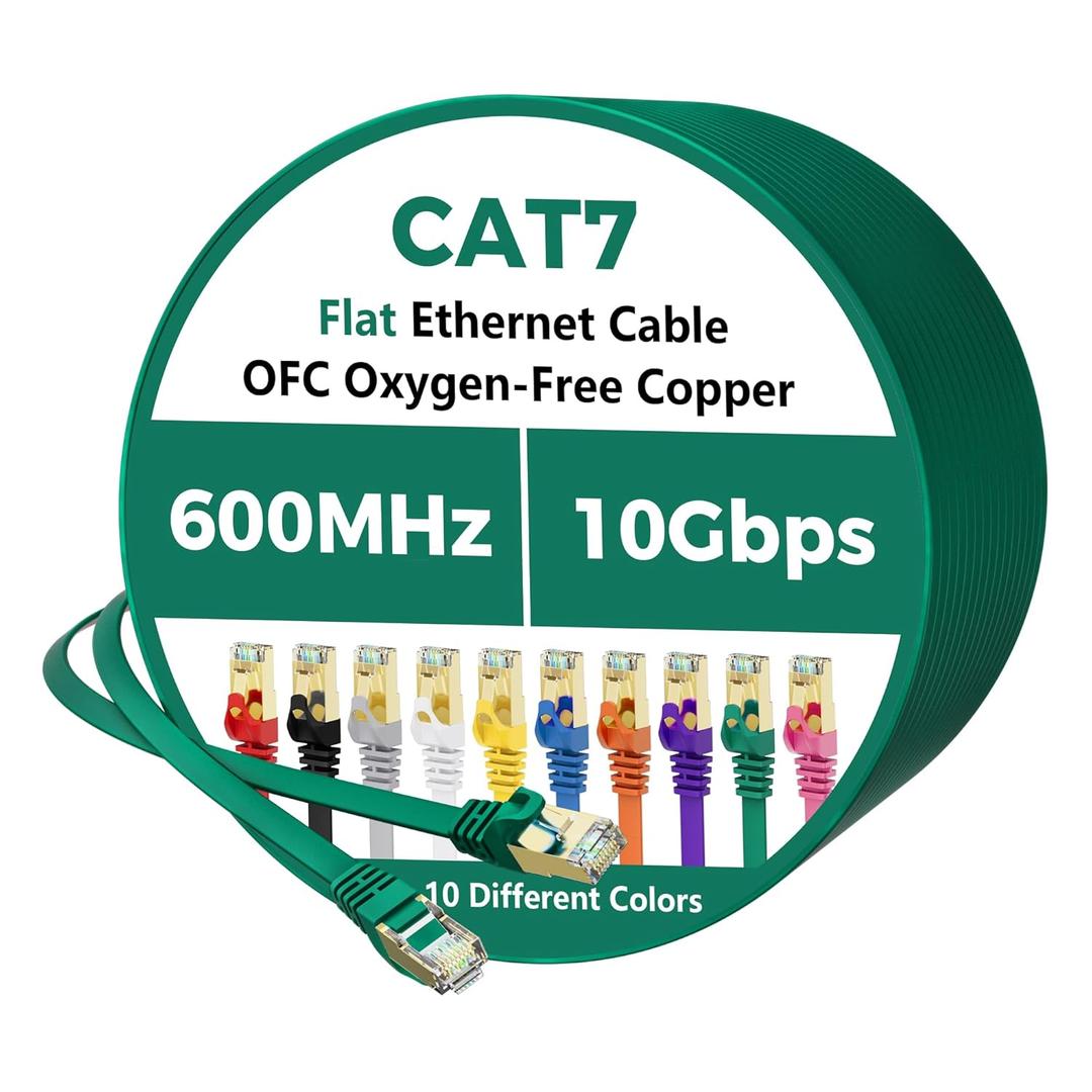 Cat 7 Ethernet Cable 100FT, Flat 10Gbps High Speed Internet Cord, STP Shielded, Pure Copper, Flexible CAT7 RJ45 LAN Network Cable, Compatible with PC, Laptop, PS5, Xbox Modem, Router, PoE, Green Cable