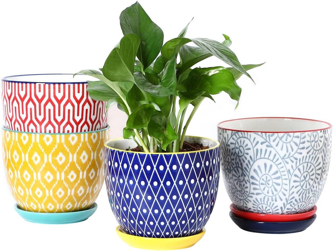 Selamica Ceramic Plant Pots, 5.6 Inch Flower Pots for Indoor Plants, Planters with Drainage Hole and Saucer, Garden Pots for Succulent, Orchid, Home Decor, Set of 4, Assorted Colors ,Assorted Colors, 5.6 inch, set of 4