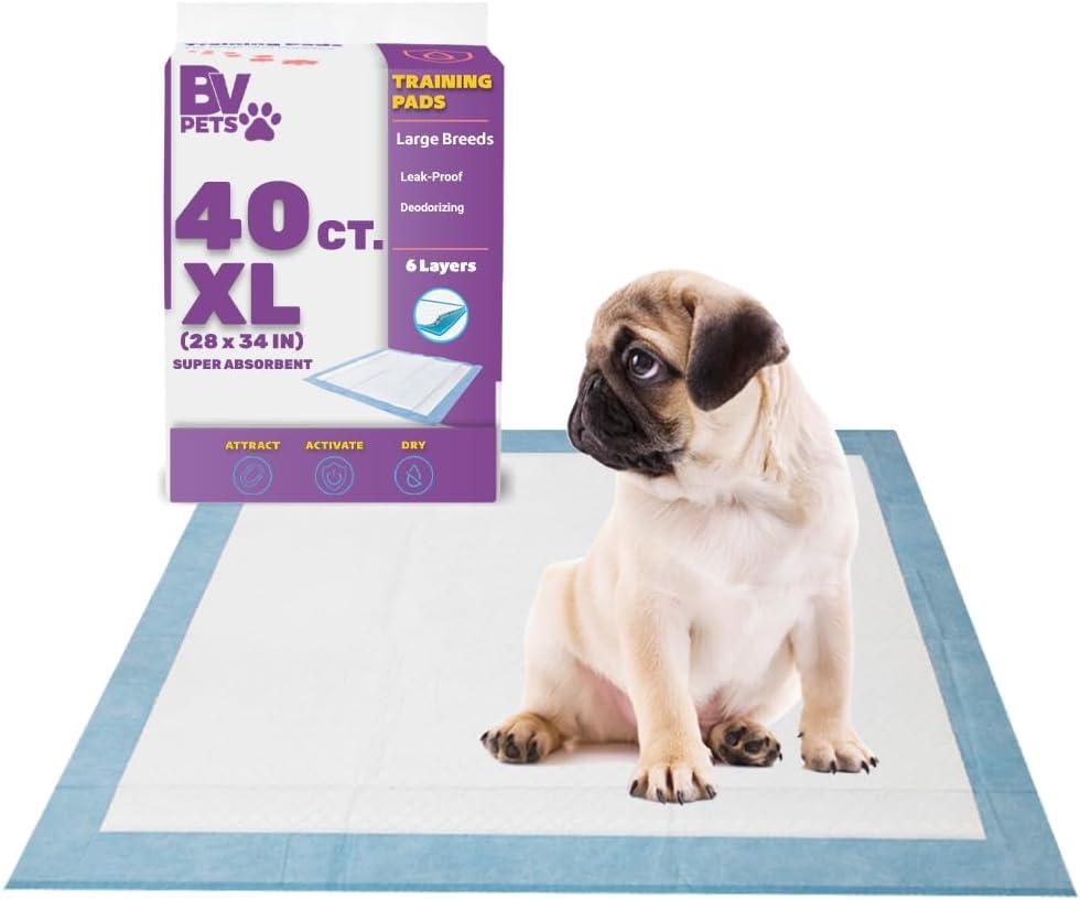 BV Puppy Pads XL 40 Count 34"x28" - Leak-Proof Pee Pads for Dogs with 6-Layer Design, Rapid Dry Sheet & Attractant - Dog Pad Extra Large with Odor Control - Perfect for Big Dogs & Indoor Use