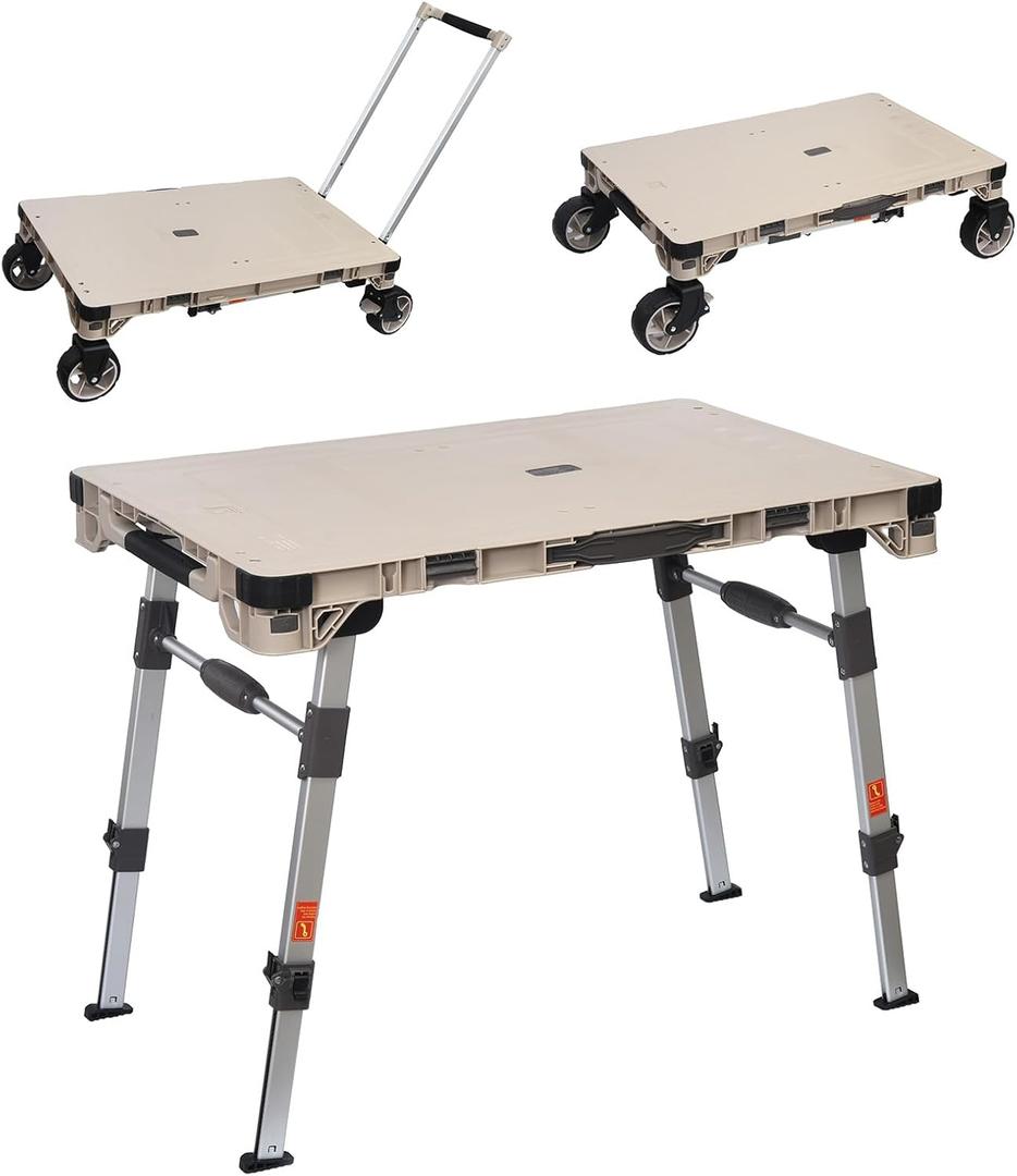 LEADALLWAY 3-in-1 Multi-Purpose Camping Table Wagon Portable Outdoor Platform Truck, Dolly & Utility Cart with 5.4" Wheels (Beige)