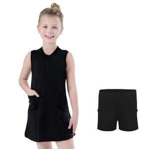 Bezioner Girls Tennis Dress with Shorts Pockets A-Line Golf Outfits Zipper Workout Athletic Dresses Sleeveless Active Dress Black 150(11-12 Years,140-150cm) (Black)