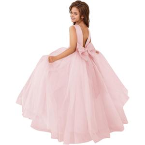 MCieloLuna Flower Girls Satin Tulle Princess Pageant Dress for Wedding Kids Pearls Prom Ball Gowns with Bow-Knot (6, Pink)