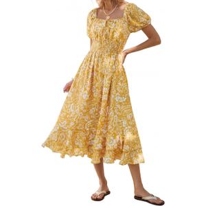Kate Kasin Womens Summer Boho Floral Maxi Dress 2026 Square Neck Puff Sleeve Smocked Flowy A Line Beach Wedding Guest Dresses (XL)