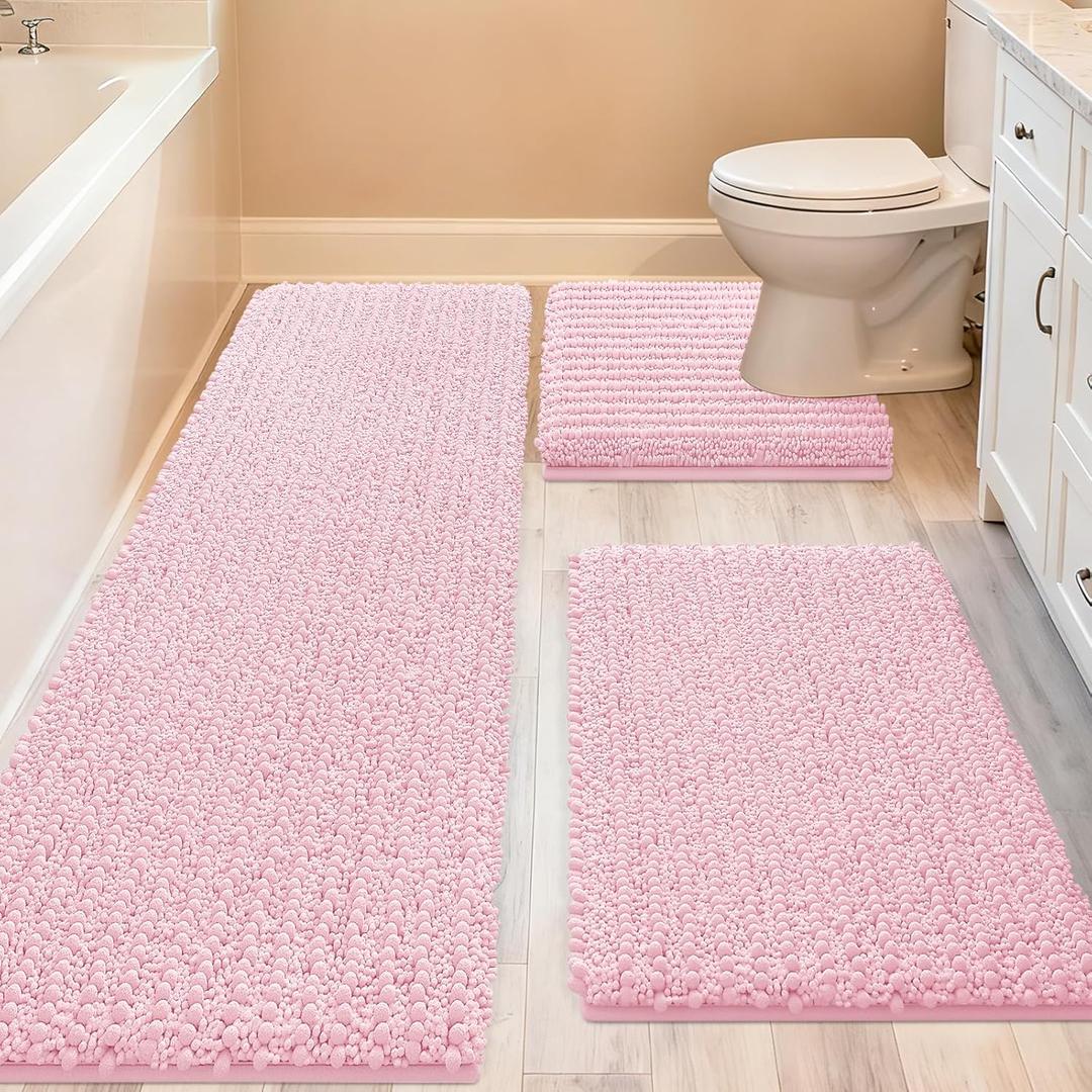 ACCUMTEK Upgrade Extra Large Pink Bathroom Rug Set 3 Pieces Ultra Soft, Thick Absorbent Bath Mats, Non Slip Chenille Toilet Mat for Bathroom, Bedroom, Kitchen (4'1'8"+ 2'x1'5"+ U Shape 1'8"x2')