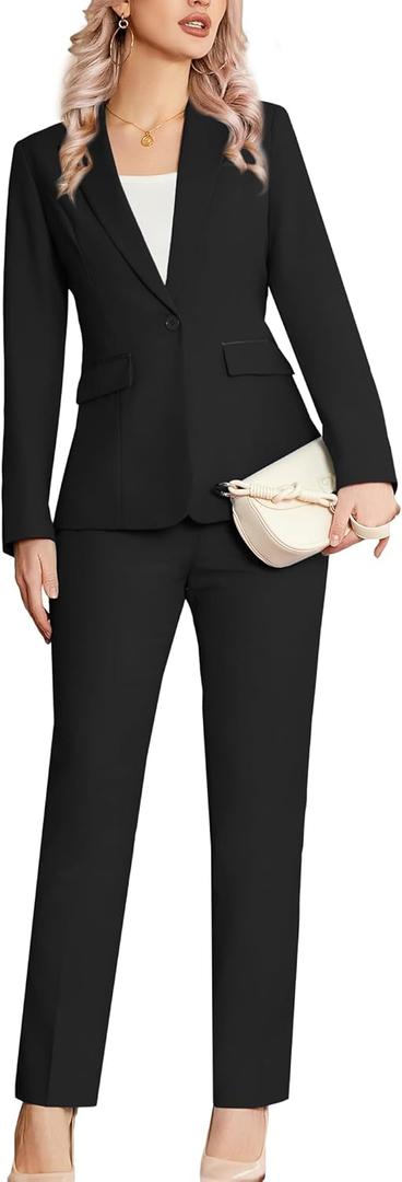 Women's 2 Piece Suit Notched Lapel One Button Slim Fit Business Office Work Tuxedo Blazer Pants Set (Medium, Black)