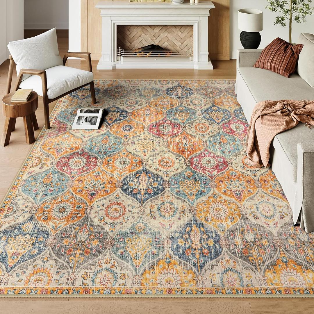Lahome Moroccan Washable Area Rugs 9x12 Living Room, Soft 9x12 Area Rug for Bedroom, Oriental Non-Slip Non Shedding Throw Large Carpet for Dining Room Office Elise, Cream/Multi (Burnt Orange/Teal Multi)