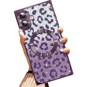 AIGOMARA Phone Case for iPhone 16 Plus [Compatible with MagSafe] Leopard Print Design Glitter Bling Case Shockproof Scratch-Resistant Soft TPU Cover for Women - Purple