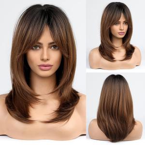 Alanhair Ombre Brown Wigs for Women,HAIRCUBE Long Layered Wigs with Bangs Heat Resistant Synthetic Fibre Wigs