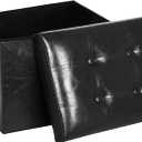 Storage Ottoman Footrest Stool, Foldable Oil Waxed Leather Footstool with Thicker Foam Padded Seat, Small Ottoman with Storage Bench for Living Room Bedroom 350 lbs, 17x13x13in, Black