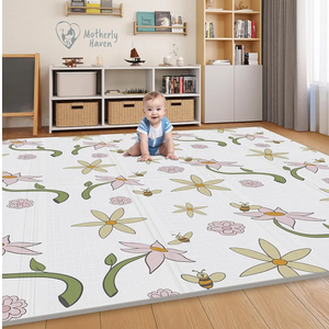 79x71 Foldable Baby Play Mat for Floor, Extra Large Reversible Foam Play Mat for Babies 6-12 Months, Waterproof Portable Foam PlayMat for Tummy Time for Toddler - Flower and Bees