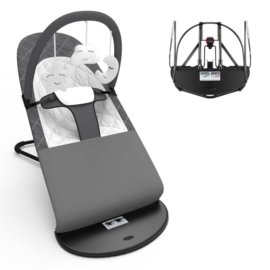 Portable Baby Bouncer Seat for Babies 0-18 Months, 100% Cotton Fabrics, Adjustable Multi Position Baby Bouncer Seat, Infant Rocker Chair with Hanging Plush Animals-Dark Grey