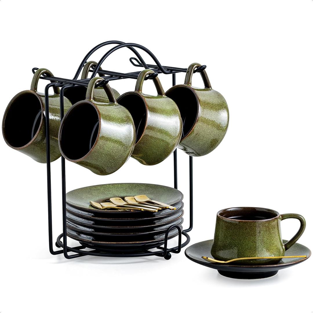 YHOSSEUN Ceramic Espresso Cups Set of 6, 4 Oz Expresso Shots Cup with Stand, Saucers & Spoons, Small Coffee Cup for Double Espresso, Mocha and Tea, Green