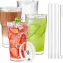 TUZAZO 20 Oz Glass Tumblers with Lids and Straws - 4 Pack Ribbed Glass Iced Coffee Cup with Straw and Lid, Thicken Glasses, Ideal for Smoothieds, Cocktails, and Juices