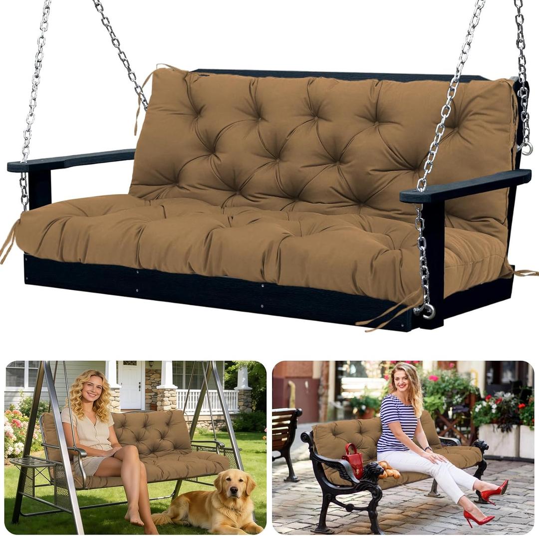 Porch Swing Cushions 2 Seater Replacement Thicken 5" Waterproof Swing Cushions for Outdoor Furniture Bench Patio Swing Cushion with Backrest & Ties(Coffee 48x40x5inch)