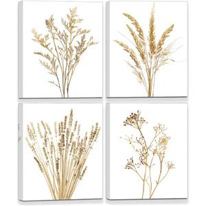 WANBOYA Botanical Boho Wall Art Modern Bathroom Decor Golden Yellow Plant Wall Art Prints Beige Room Aesthetic Nature Kitchen Living Room Bedroom Decor Home Decor Framed Ready to Hang (8"x10"x4pcs)