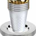 Shimmering Aluminum Silver Kiddush Cup & Plastic Saucers Set (10 Pack) - 5 oz. - Perfect for Celebrations, Events & Home Use