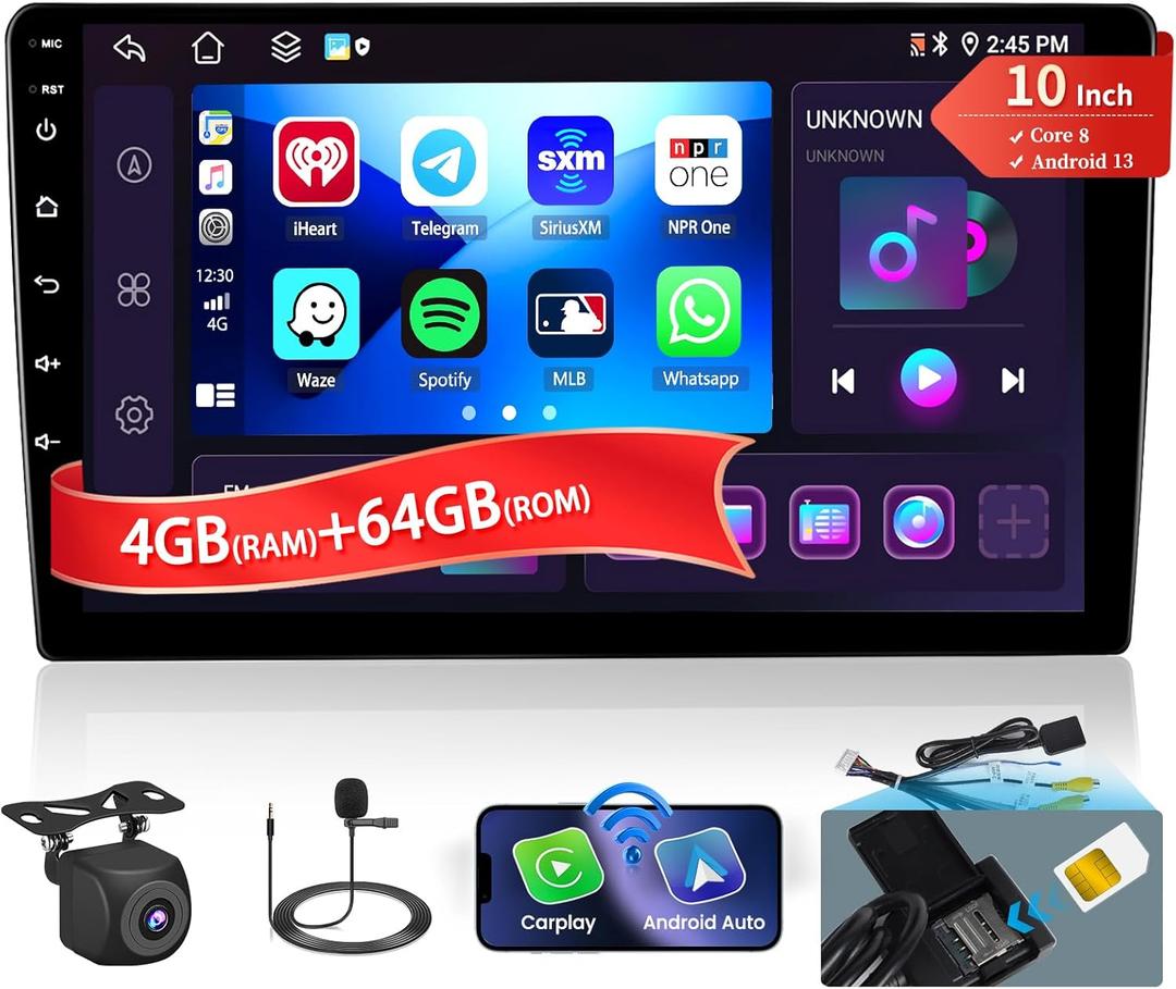 8 Core 4+64GSupport SIM Card Android Car Stereo Double Din Radio with Wireless Carplay Android Auto, 10.1 Inch Radio WiFi, GPS Bluetooth 5.0 AM/FM/RDS Mic Backup Camera EQ DSP