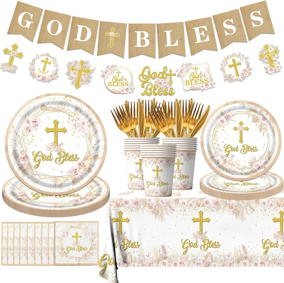 God Bless Baptism Decorations Tableware,142pcs First Communion Plates and Napkins,Tablecloth,Cups,Banner,Baptism Party Decorations for Girls Baby Shower