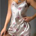 SOLY HUX Women's Satin Pajama Set Floral Loungewear Lace Camisole Top and Shorts Pjs Sleepwear (White, L)