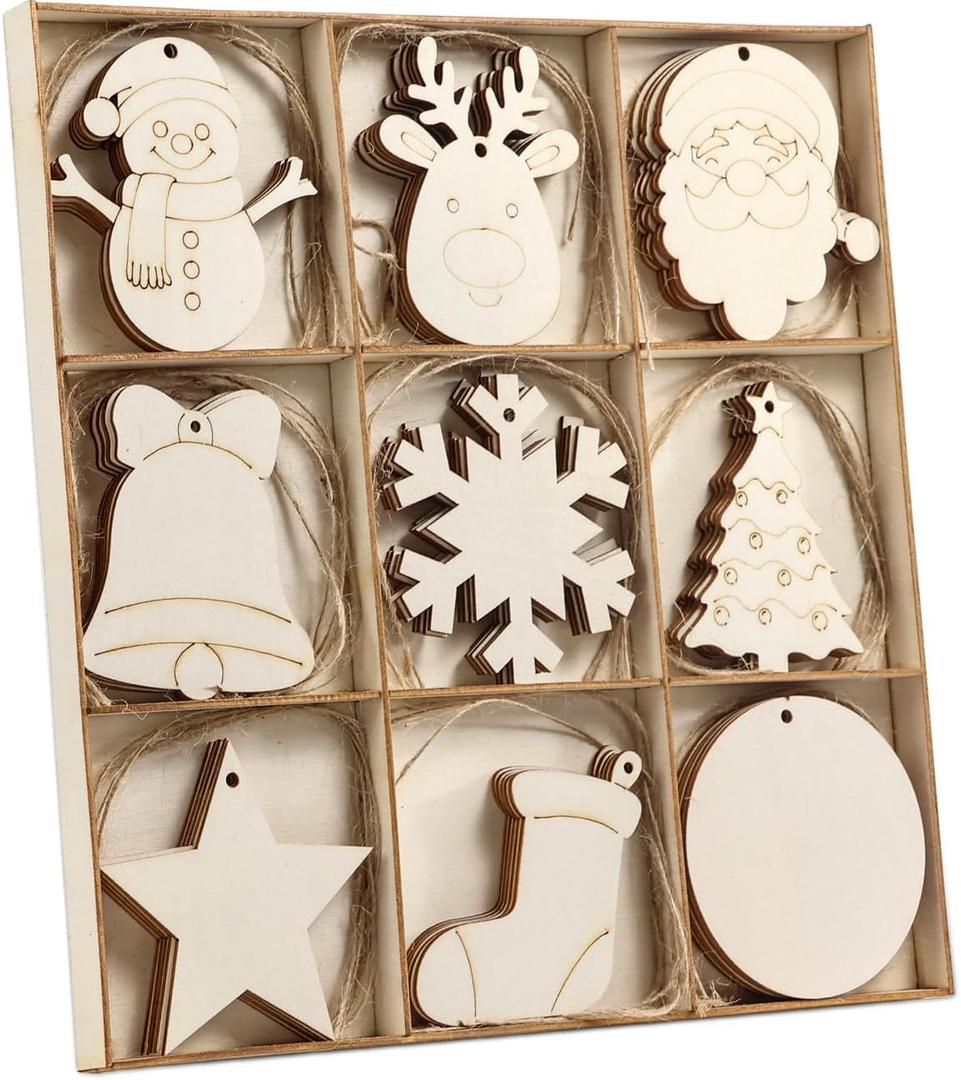 Wohohoho 45Pcs Unfinished Paintable Blank Wooden Christmas Ornaments with Tray, 9 Designs DIY Predrilled Wood Ornaments for Crafts. Christmas Tree Hanging Decorations Xmas Art Birthday Gift for Kids