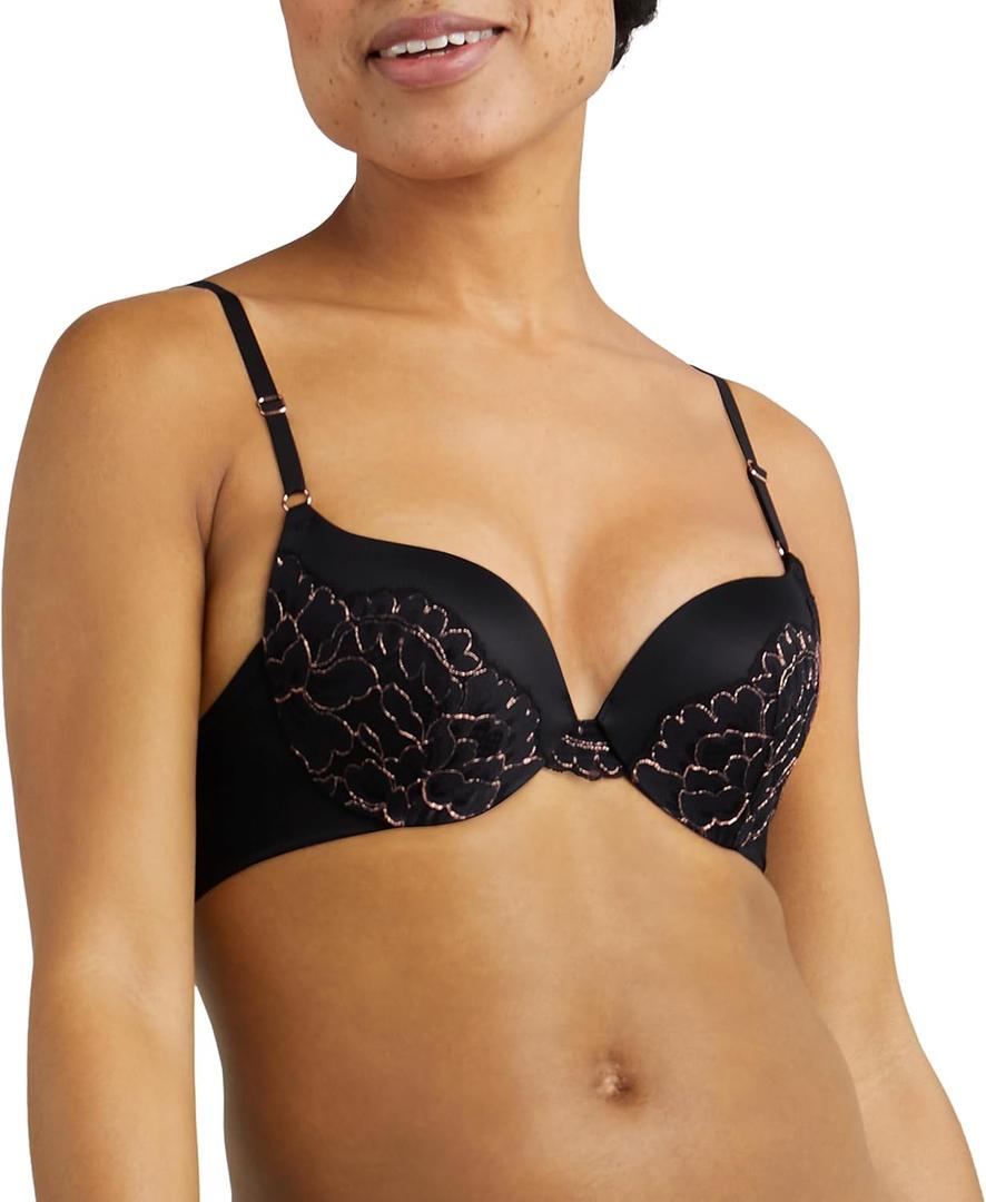 Maidenform Women's Push-Up Bra, Love The Lift Lace Demi Push-Up Bras for Women, Smoothing, Underwire, Convertible Straps (Black, M)