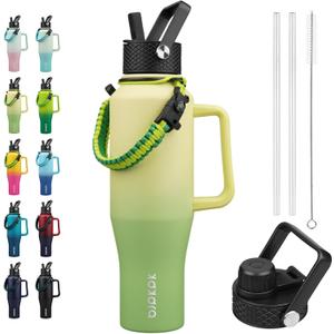 BJPKPK Insulated Water Bottles with Straw Lid, 40oz Metal Water Bottle with 2 lids & Paracord Strap, Double Wall Stainless Steel Tumbler with Handle, Reusable Cups, Mugs, Thermo, Fresh Green