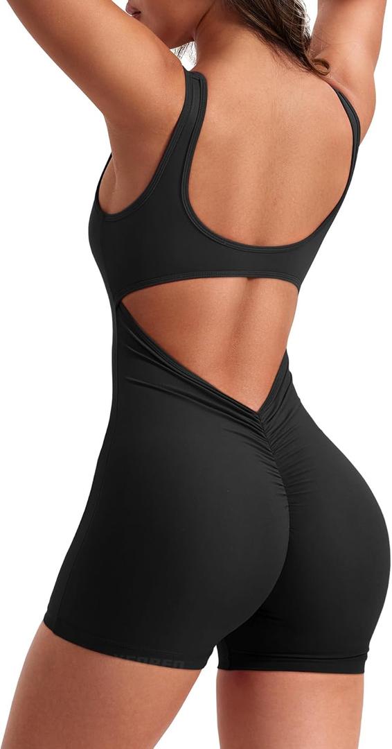 YEOREO One Piece Workout Jumpsuits for Women Backless Tummy Control Sleeveless Jumpsuits Lizvette V Back Scrunch Yoga Romper (Medium, Black)