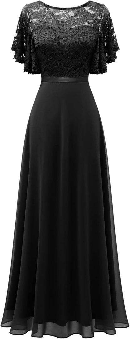 DRESSTELLS Lace Wedding Guest Formal Dresses, V-Back Empire Waist Bridesmaid Prom Party Evening Gown 2025 (Large, Black)