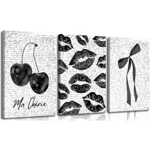 3Pcs Vintage Funky Black White Lips And Cherry Canvas Wall Art Girl Fashion Aesthetic Bow Wall Decor Ma Cherie Dark Coquette Posters Prints for Neutral Preppy Apartment Girl Room12x16in framed