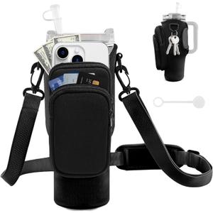 Water Bottle Carrier Bag with Phone Pocket for Stanley Cup 40/30 oz, Water Bottle Holder with Adjustable Strap& Straw Cover, Stanley Cup Accessories (01 Black)